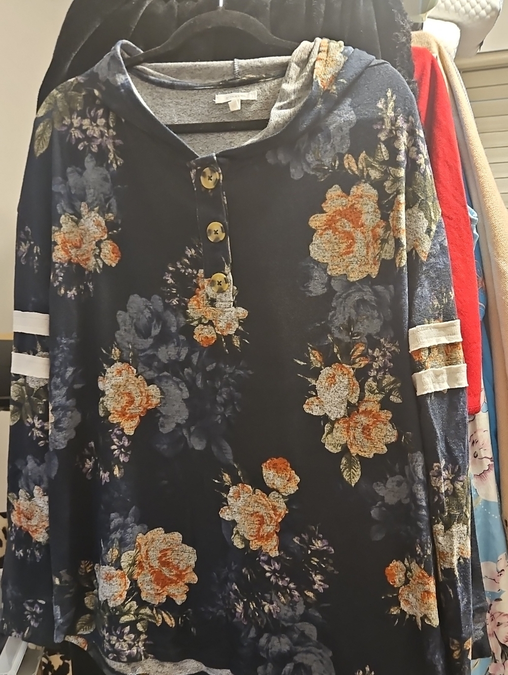 Maurices Navy Floral Hooded Henley with Orange Blooms